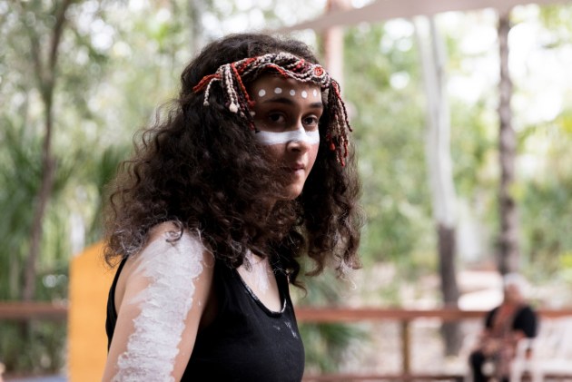 Yagany Cox-Hatfield from the Gurridalla dancers preform at the Indigenous Land Use Agreement between Defence and Darambul.
Defence