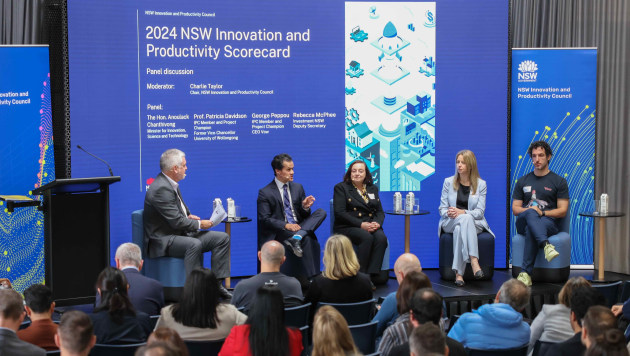 Launch of the 2024 NSW Innovation and Productivity Scorecard (l-r): NSW Innovation and Productivity Council (IPC) chair, Charlie Taylor, minister for Innovation, Science, and Technolog Anoulack Chanthivong, IPC member, Patricia Davidson, Investment NSW deputy secretary, Rebecca McPhee, and IPC member, George Peppou.