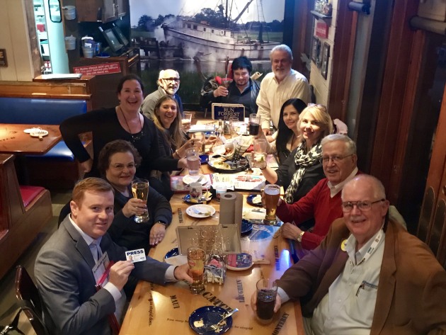 International Packaging Press Organisation (IPPO) journalists compare notes over dinner, clockwise from left: Matt Reynolds (USA), Sophia Dilberakis (USA), Lisa Pierce (USA), Liliam Benzi (Brazil), Naresh Khanna (India), George Guidoni (Brazil), Pat Reynolds (USA), Lilian Robayo (Colombia), Lindy Hughson (Australia), Ben Miyares (USA), and John Henry (Puerto Rico).