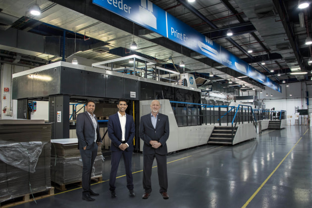 First HP Pagewide C500 in Australia: Pictured with the new press are (l-r) Vimal Italiya, managing director, Italiya Graphics; Bruce Caldwell, sales consultant, HP PageWide Industrial; and Paras Italiya, general manager, Italiya Graphics