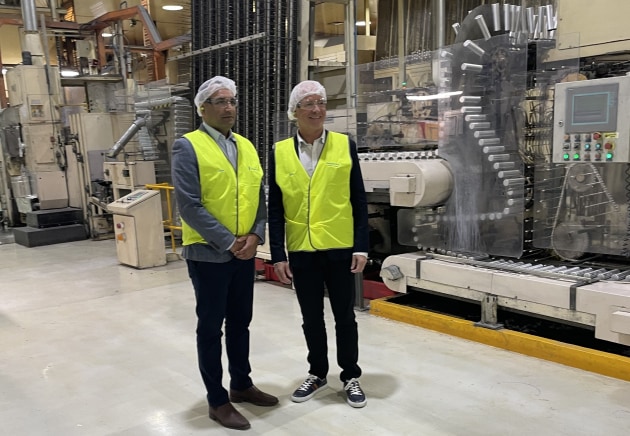 Investing in local manufacturing: Jamestrong CEO Alex Commins (right) with Parliamentary Secretary to the Deputy Premier, and for Regional Jobs and Investment, Gurmesh Singh, at the Taree aerosol can-making facility to announce the $6m casting line investment.