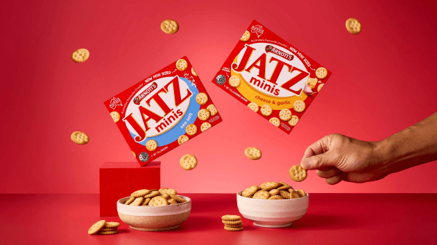 The iconic Arnott&rsquo;s Jatz cracker now has its own &lsquo;mini me&rsquo; with the launch of Jatz Minis. Available in two flavours, Jatz Minis Sea Salt and Jatz Minis Cheese & Garlic, the mini bites are made the same way as the original. (Image: Arnott's)
