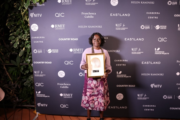 Jay Jurrupula Rostron, Babbarra Women's Centre, Textile Design Award, Supported by RMIT, National Indigenous Fashion Awards, 2024, Photo by Marley Morgan_3