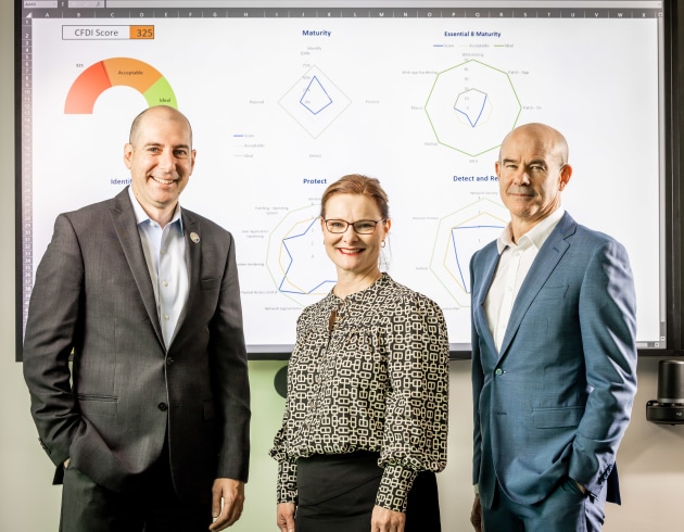 BAE Systems Australia chief information & digital officer Michael Salas, Defence Teaming Centre chief executive Audra McCarthy and Saab Australia managing director Andy Keough. Picture: James Elsby
