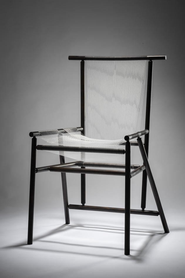 Jess Humpston, Ch-air, 2022, Stained American white ash, monofilament weaving, 550 x 540 x 810mm. Photo: