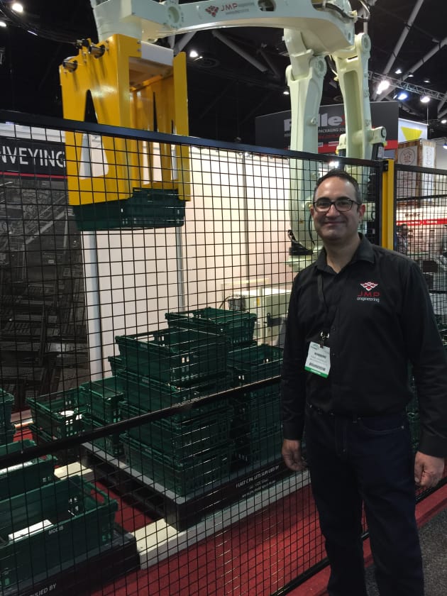 JMP Engineering was showing off its palletising robot, and what it can do with a gripper to palletise crates of poultry or fresh produce. 
These sectors present a growing opportunity for the company, according to GM Paul Vassallo.