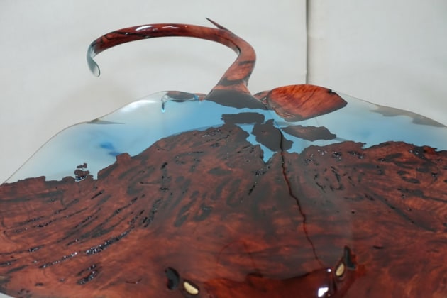 Popular Choice winner: Josh Marks, Flight, redgum burl, epoxy resin, acrylic. "I wanted to celebrate the marriage of ocean and earth within the form of a sculptural piece. The ocean is represented by the resin, the earth represented in the redgum burl. The transparent nature of tinted epoxy resin allows light and shadow to play an additional role in how the sculpture interacts with them."