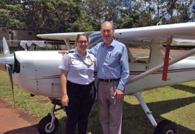 Ken Broomhead with a local flying instructor on a visit to North Queensland Aero Club (NQAC), where he learnt to fly in 1963. (NQAC / Facebook)