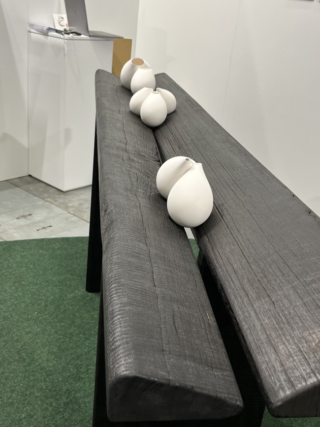 Melaleuca #1, solid torched fiddleback eucalpyt side table by Kevin Perkins with porcelain objects by Belinda Winkler, $12,000. Shown by Design Tasmania. Photo: Raf Nathan