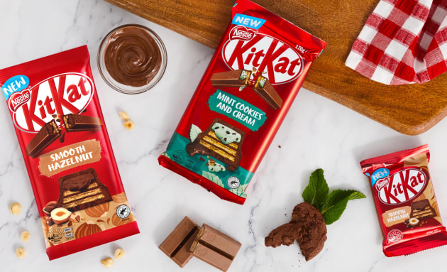 KitKat's two new flavours, include Smooth Hazelnut; the first Aussie KitKat made with real nuts and praline filling.
