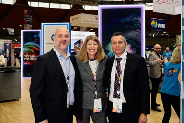 Leader in cloud services: Konica Minolta Australia's Melissa Dempsey (centre) with Andrew Cocker (left) and Dean Hosking (right) at PacPrint
