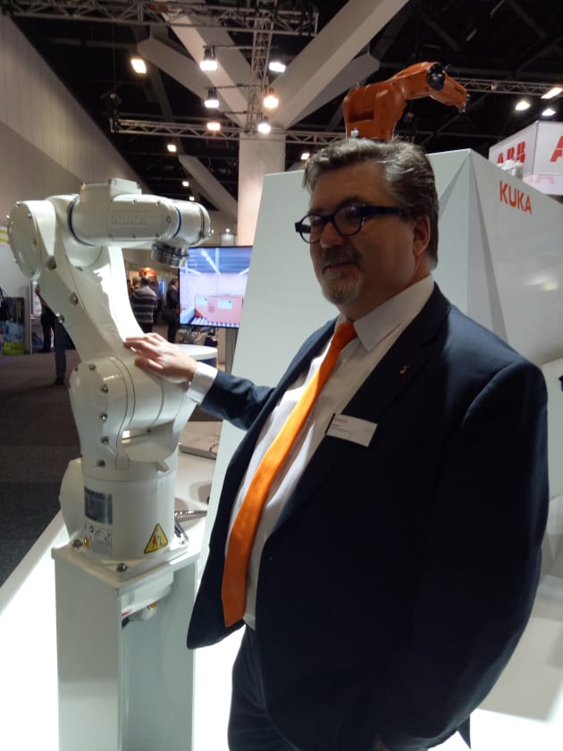 Kuka&rsquo;s recently launched Hygienic Machine has been attracting attention from the meat industry as it's suited to applications involving direct contact with food, said Greg Sale, chief executive.
The robot contains food-grade lubricants, is easily washable and corrosion resistant, and its design and materials prevent deposits from forming on the surface or screws of the six-axis robot. Its electrical interface is also located away from the primary contact area.