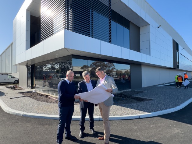 L-R: Pure Dairy's general manager national sales Joseph Borg, CFO Albert Zago, and executive chairman Adrian Josephson, review Pure Dairy&rsquo;s plans for the new Dandenong South site.
Source: Pure Dairy