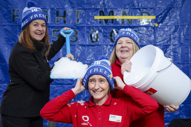 L-R: FightMND ambassador, Jan Daniher, with Coles team members, Narelle Jones and Sharon Germon.
Source: Coles