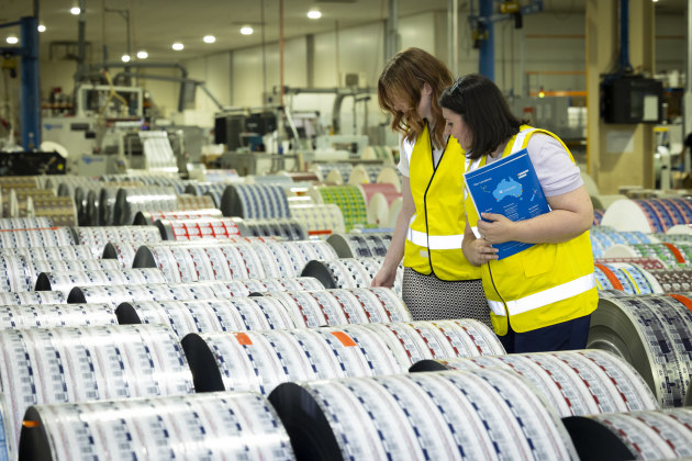 Reels of pressure-sensitive labels ready for despatch