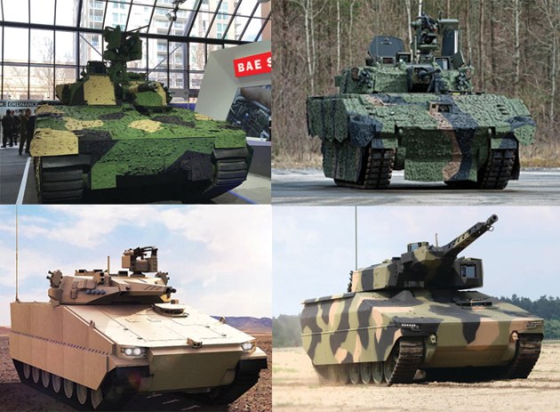 The four contenders for Land 400 Phase 3: BAE Systems 38-tonne CV90 IFV, General Dynamics 42-tonne Ajax IFV and BAE Systems 38-tonne CV90 IFV, Hanwha's 42-tonne K21 Redback tracked Infantry Fighting Vehicle (IFV), and Rheinmetall's 44 to 48-tonne Lynx IFV.