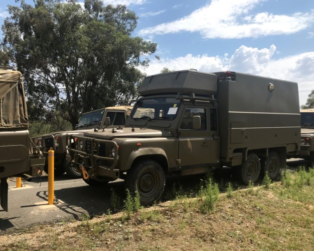 An Australian Defence Force Land Rover 6x6 Ambulance vehicle. 
Defence