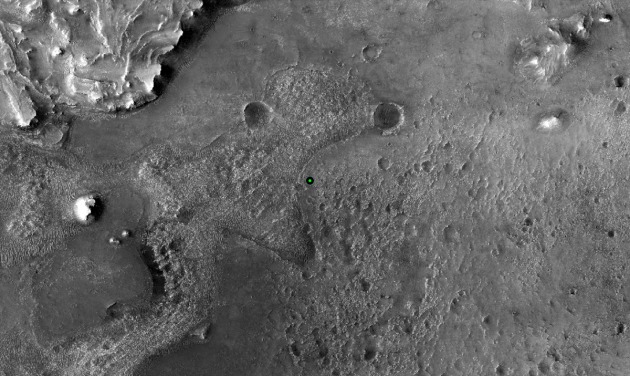 The green dot in this image shows where NASA&rsquo;s Perseverance rover landed in Jezero Crater. (Supplied: NASA/JPL-Caltech)