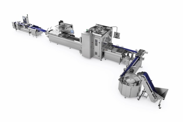 Sausage centrifuge with handling robot, thermoformer, belt converger, and checkweigher metal detector combination.
 
Multivac offers fully integrated and fully customisable solutions including robotic loading both for primary and end of line packaging.
Within its processing equipment portfolio, the team at Multivac Australia is seeing greater very high demand for protein/meat recovery systems as well as cooked meat slicing and fresh meat portioning systems which maximise yield and minimise product give away.