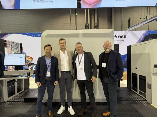 (L-R) Yoav Lotan, HP Indigo; Adam Bamford, Labelmakers; Mark Daws and Wayne Quail, Currie Group. (Image: Currie Group)