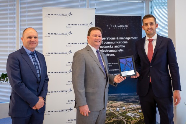 Greg Reid, Clearbox Systems Managing Director; Joe North, Lockheed Martin Australia and NZ Chief Executive; Jeremy Hallett, Clearbox Systems Executive Director.
Supplied