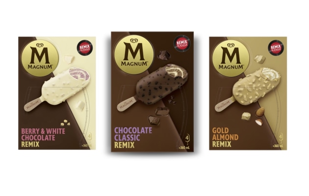 Magnum Remix range, offer a &lsquo;twist on all-time favourites&rsquo;. 
Image: Unilever/Magnum