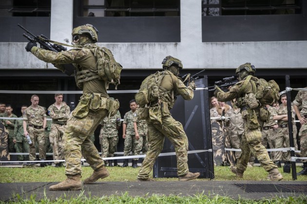 Australian Army soldiers conducting urban operations training alongside soldiers from Singapore, Malaysia, United Kingdom & New Zealand during Exercise Bersama Lima 2018. Defence