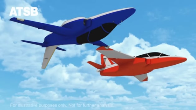 A still from an ATSB animation that shows how the inverted Viper 1 and upright Viper 2 collided. (ATSB)