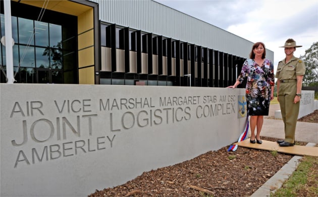 AVM Margaret Staib (left) in 2015 at the opening of a military logistics centre at Amberley named in her honour. Staib has been awarded a second AM, this time in the civil division. (Department of Defence / CPL Ben Dempster)