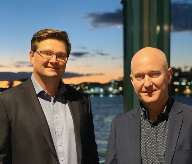 APPMA chair Mark Dingley and speaker Paul Allen at the members dinner.