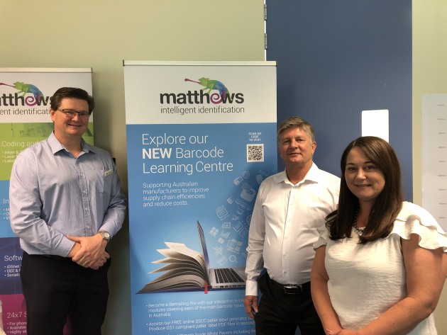 L-R: Mark Dingley (Matthews CEO), John Lane (GS1 Australia manager &ndash; Testing Services) and Melanie Wishart (GS1 Australia senior advisor &ndash; Food & Beverage, Industry Engagement).
