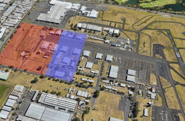 An aerial image showing the area of the northern apron lost under the 2015 master plan (red) and the section flagged for redevelopment under the 2021 master plan. (MAC - modified by Australian Flying)