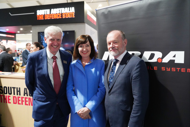 MBDA Group Business Development Director Paul Mead, Deputy Premier of South Australia and Minister for Defence and Space Industries Susan Close and Defence SA Chief Executive Richard Price. (Supplied)
