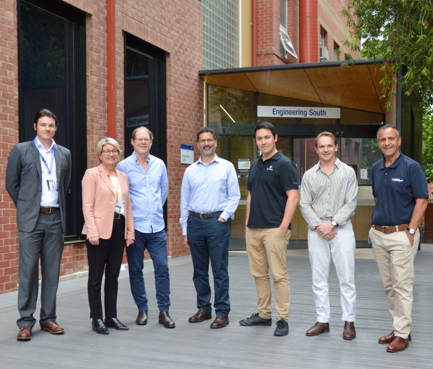 (L-R) Hamish Earl, Dr Margaret Law, Professor Andre Luiten (University of Adelaide), Dr Sanjay Mazumdar, Dr Sebastian Ng (QuantX Labs), Lachlan Pointon (PhD student, University of Adelaide), and Rohan Bishop, from Defence Trailblazer.

Credit: Defence Trailblazer