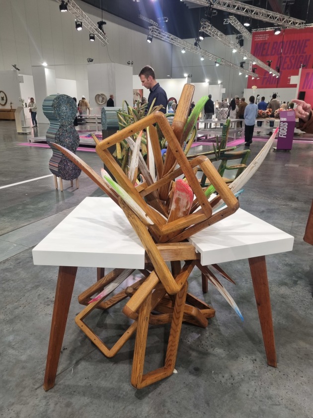 Ashley Eriksmoen, Modernism Gone to Seed, 2015, salvaged wood furniture, acrylic, milk paint, $12,000 from Sophie Gannon Gallery. Photo: Linda Nathan