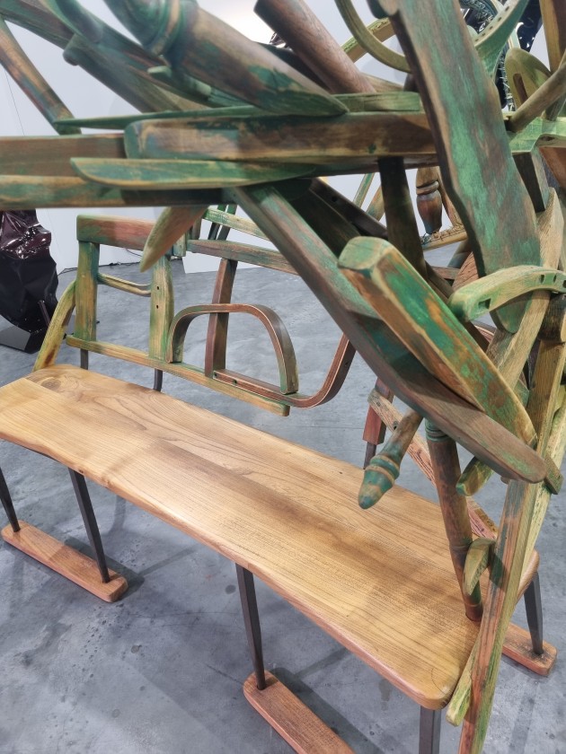 Ashley Eriksmoen, Edge Conditions, 2019, salvaged wood furniture, metal chair bases, reclaimed urban elm, spray paint, $12,000 from Sophie Gannon Gallery. Photo: Linda Nathan