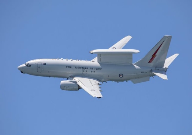 Northrop Grumman&rsquo;s multifunction MESA sensor outfitted atop a Royal Australian Air Force E-7 aircraft. 

Credit: Defence