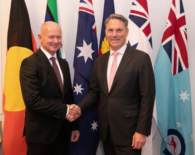 Saab Global CEO, Micael Johansson with Minister for Defence, the Hon Richard Marles in Canberra on 7 September celebrating the signing of the third and final stage of the Enterprise Partnering Agreement. Image: Saab