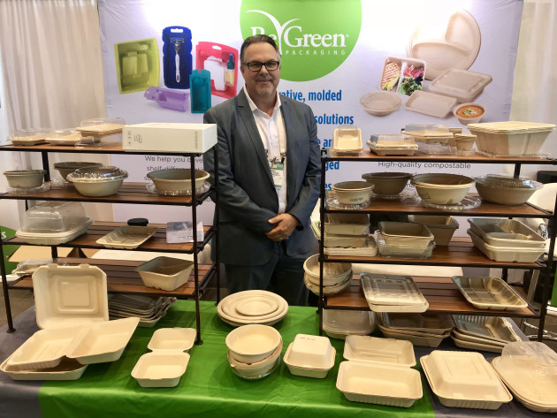 Michael Newhouse, director of marketing and e-commerce at Be Green Packaging, was touting the company's moulded fibre packaging solutions made from a mixture of renewable materials (bamboo and bagasse) that are compostable, recyclable and biodegradable. The trays can be made in any Pantone colour, and the moulded pulp surface is compatible with silk screen and laser inkjet printing, or a label. Be Green's investment in proprietary engineering has resulted in a 'zero draft angle' solution, which means stright no-slant sidewalls.