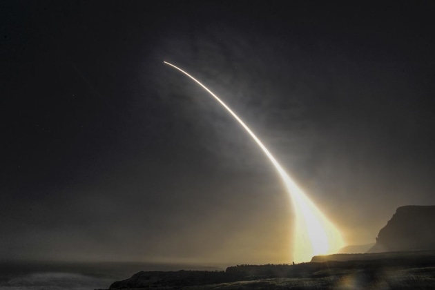An unarmed Minuteman III intercontinental ballistic missile launches during an operational test on Vandenberg Air Force Base.
US DOD