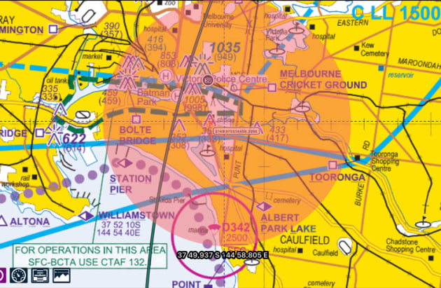 The TRA extended out from Melbourne's Shrine of Remembrance for a 3-nm radius.