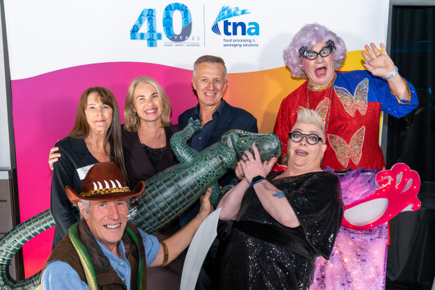 A bit of frolicking and fun with Croc Dundee and Dame Edna: PKN's Sharon Amos, Lindy Hughson, Wayne Robinson and Kim Berry of Food & Drink Business.