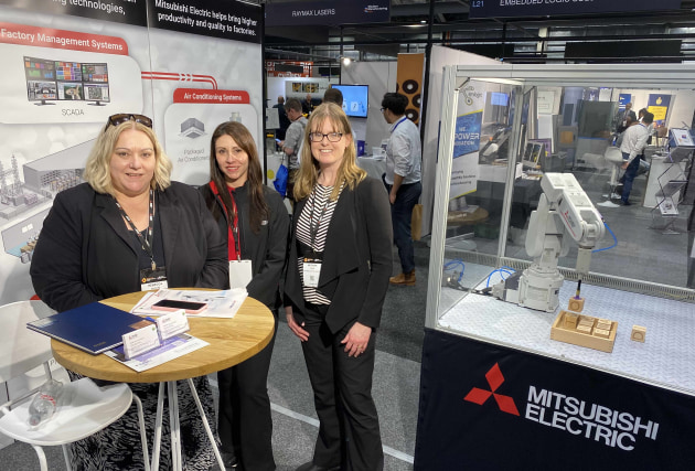 Mitsubishi Electric team at the Modern Manufacturing Expo 2022. L-R: Rebecca Gatenby, senior product sales engineer, Industrial Automation & Switchgear; Ivonne McLachlan, technical sales representative, Industrial Automation & Switchgear; Meighan Heard, executive director, general manager - Commercial and Corporate.