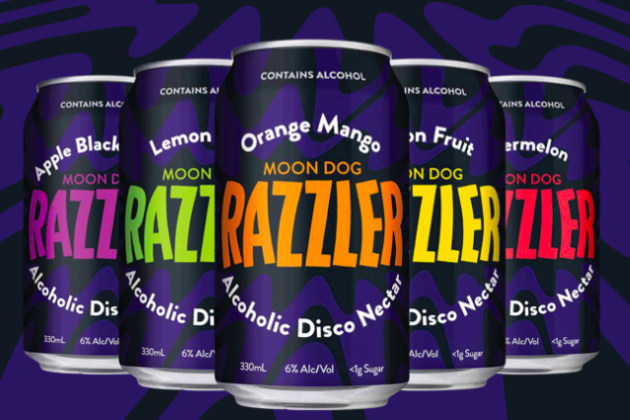 The Razzler range offers five flavours: Passion Fruit, Orange Mango, Lemon Lime, Watermelon, and Apple Blackcurrant. Image: Moon Dog