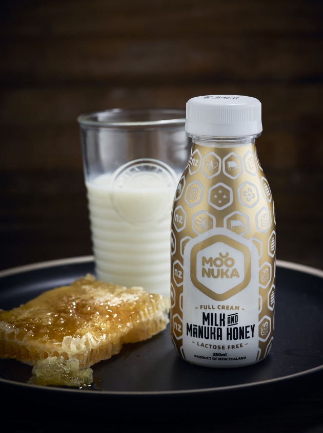 PIDA 2019 Finalist, Beverage Category: Moonuka Milk Limited for the world&rsquo;s first Milk and Mānuka Honey beverage designed in New Zealand in an 'old-fashioned' shape aseptic PET milk bottle with a removable PET shrink sleeve.