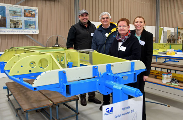 The Morgan family with the keel of GA8 Airvan #263. L-R: David, George, Marguerite and Sarah. (Steve Hitchen)