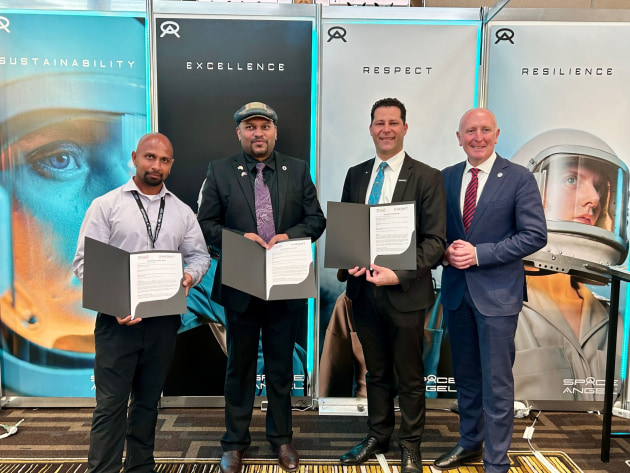 From L-R: SABRN Tech&rsquo;s Chief Operating Officer Ajay Chandra, Space Angel&rsquo;s CEO and Founder Ram Kuppusamy, AICRAFT&rsquo;s Co-Founder and CEO Dr Tony Scoleri, and WA Minister for Emergency Services; Innovation & the Digital Economy; Science; Medical Research Hon Stephen Dawson MLC.
Credit: AICRAFT