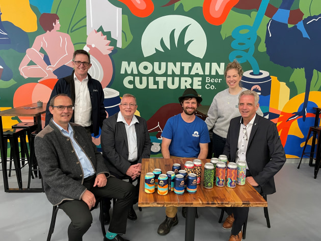 Celebrating success in the new Emu Plains brewpub: from left, Franz Kirchberger, Grant Day, Richard Gahagan, DJ McCready, Harriet McCready and Thomas Gerstl. Image: PKN