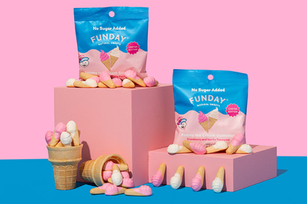 Inside each bag is a mix of strawberry and vanilla ice cream cone-shaped gummies with a soft, foamy texture.