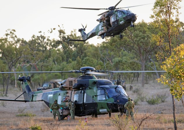 An Australian Army MRH90 Taipan helicopter from the 5th Aviation Regiment takes off for a sortie during Vigilant Scimitar, Townsville Field Training Area in November 2020. (Defence)